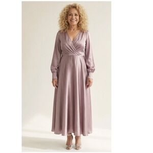 New Okbridal Pink Satin Evening Dress Long Sleeve Maxi Large Wedding Guest